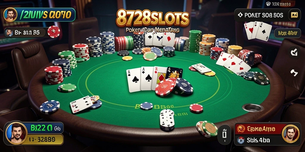 Tampilan gameplay poker yang mendebarkan dan seru di 8728SLOTS.