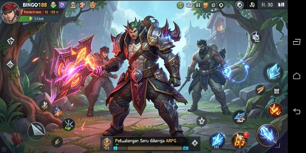 Menggambarkan momen aksi epik dalam gameplay ARPG BINGO188.