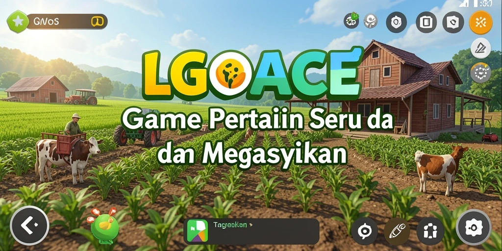 Tampilan gameplay LGOACE dengan ladang hijau yang subur dan hewan ternak.