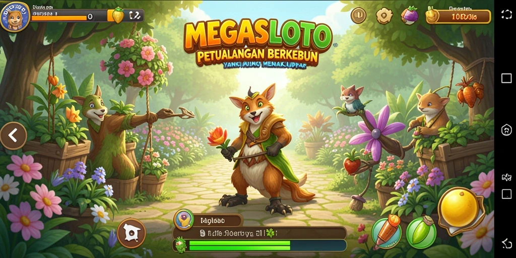 Gameplay seru MEGASLOTO dengan kebun yang indah.