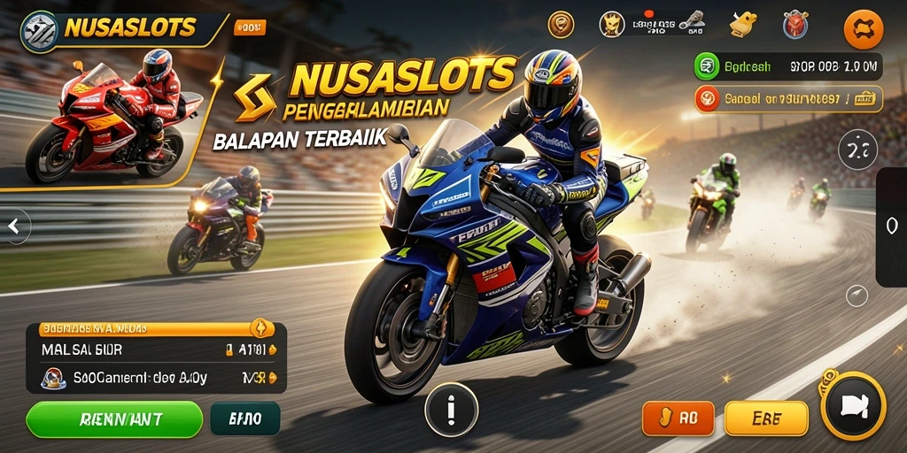 Gameplay NUSASLOTS menampilkan balapan motor yang mendebarkan dan kompetitif.