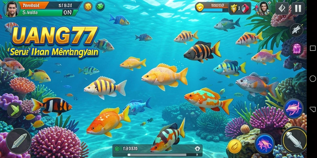 Screenshot menampilkan gameplay seru UANG77 dengan ikan beragam warna.